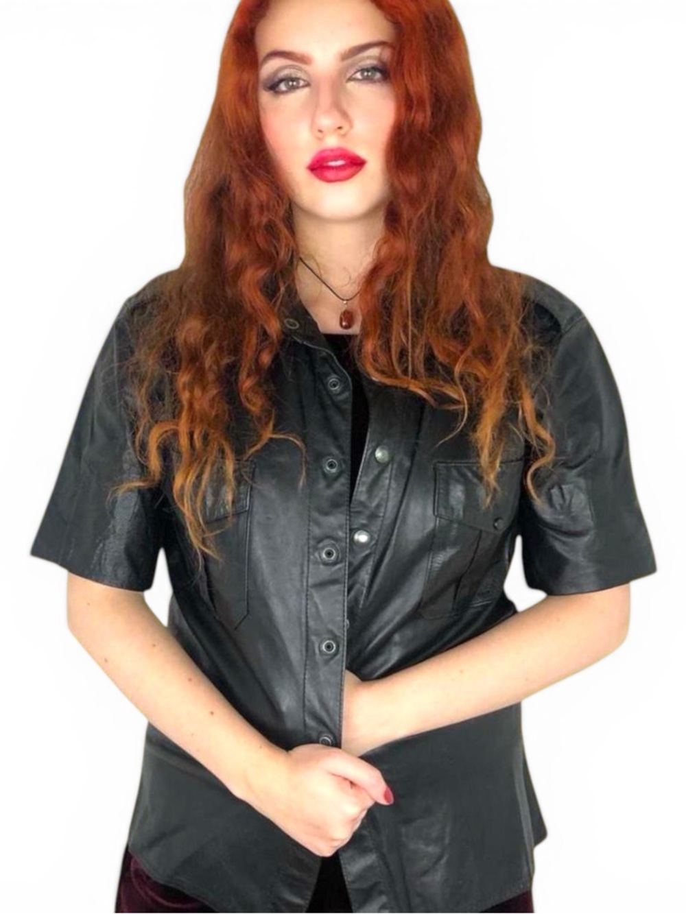 Black Short-Sleeve Leather Shirt short sleeve Jacket